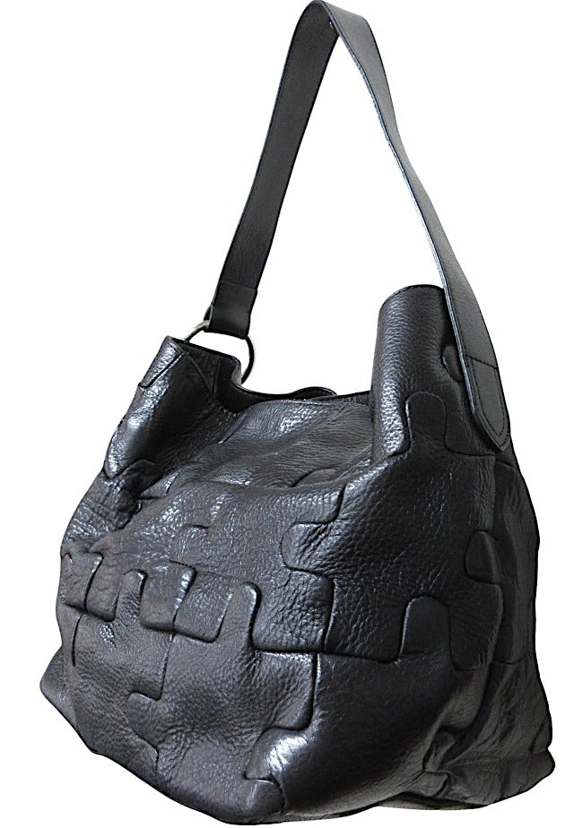 PAPILLONNER JAPAN. Black Leather Puzzle Pattern Shoulder Bag