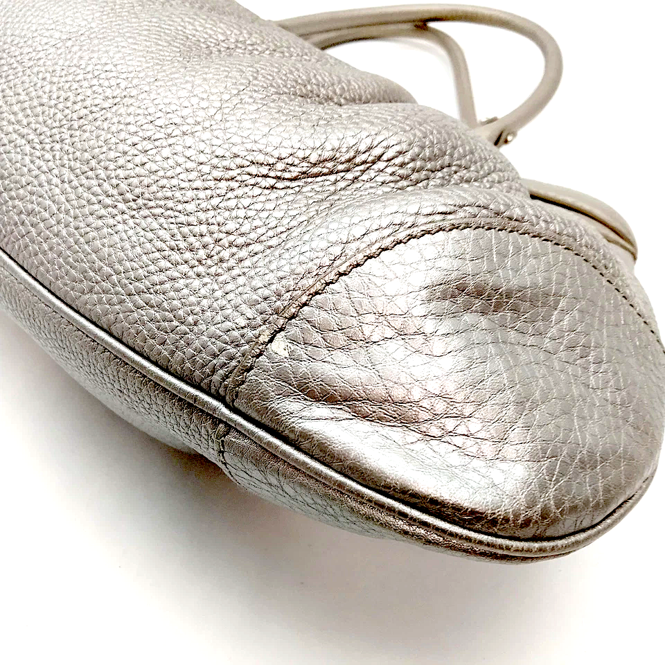 Ferragamo Italy. Gray Metallic Pebbled Leather Shoulder Bag / Hand Bag