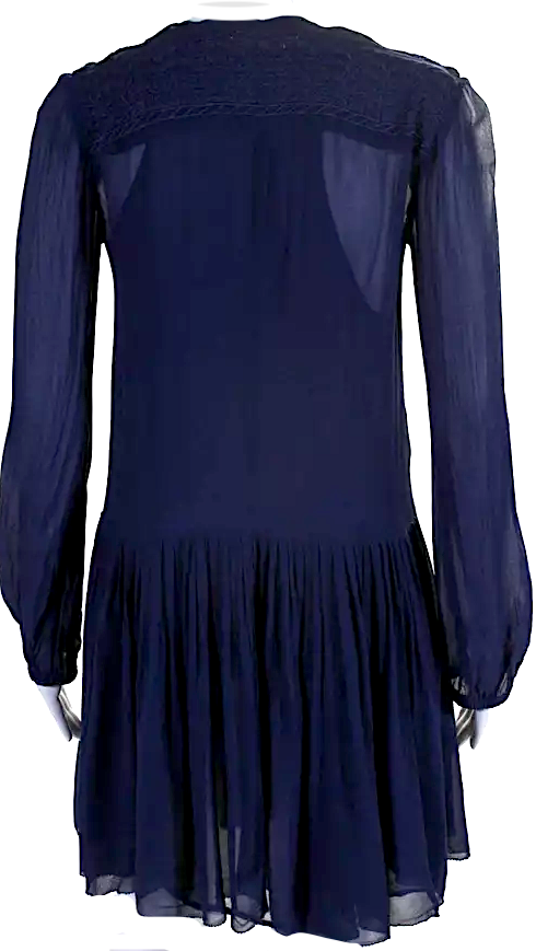 Isabel Marant Paris. Blue Viscose Long Sleeve Pleated Embroidered Shift Dress