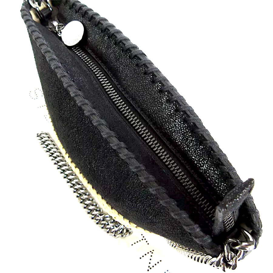 Stella McCartney UK. Beige Raffia/Black Vegan Leather Mini Silver Hardward Long Chain Shoulder Bag