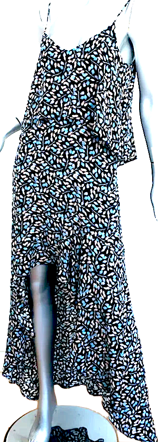 Intermix NY. Silk Layla Navy Leaf Print Ruffled High-Low Dress