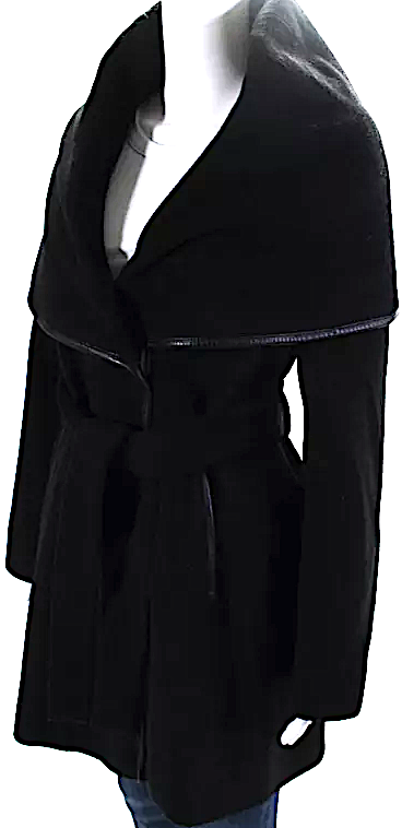 Menchi For Intermix Black Wool Fleece / Leather Trim Coat Jacket