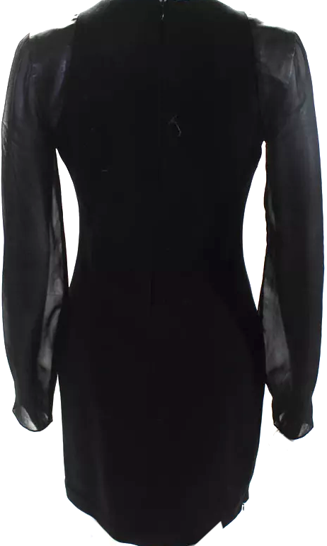 Joseph Italy. Black Wool Blend V Neck Sheer Long Sleeve Leather Accent Pencil Dress