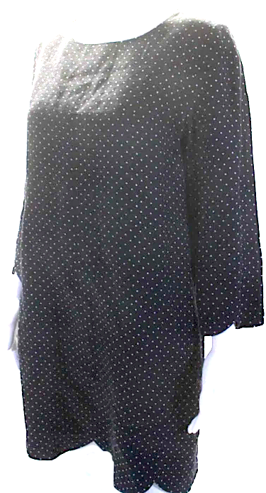 Chloe Paris. Dark Navy Linen Long Sleeve Polka Dot Scallop Trim Shift Dress