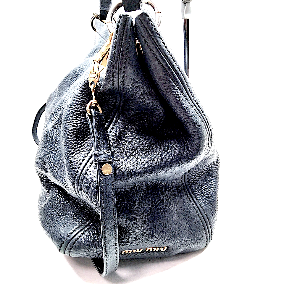 Miu Miu Italy. Dark Slate Gray Pebbled Leather Shoulder Bag
