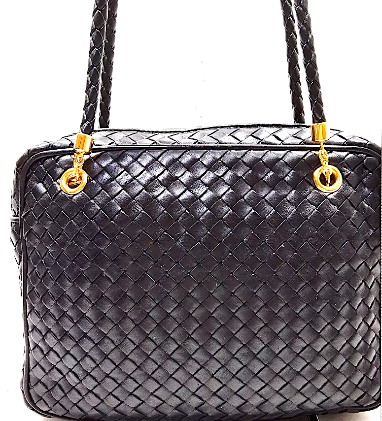 Bottega Veneta Italy. Black Intrecciato Leather Shoulder Bag