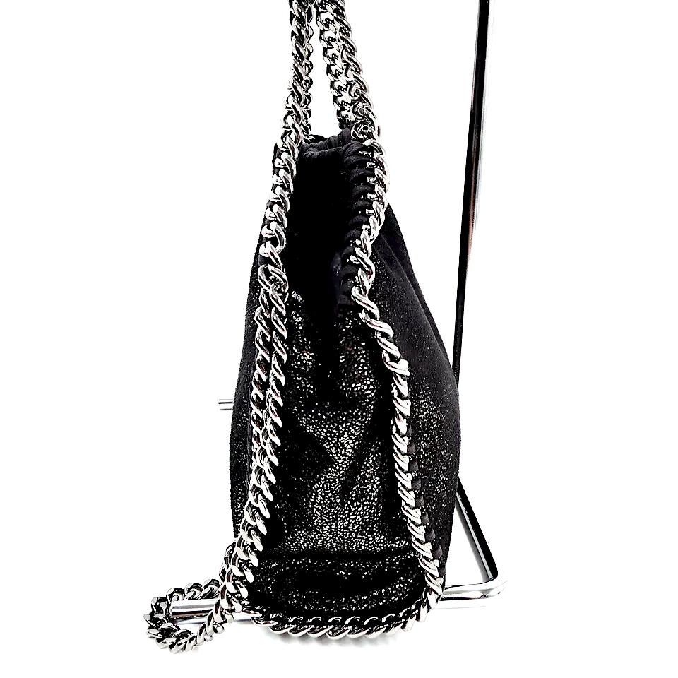 Stella McCartney UK. Black Super Mini "Falabella" Special Coated Vegan Leather Silver Chains Shoulder Bag