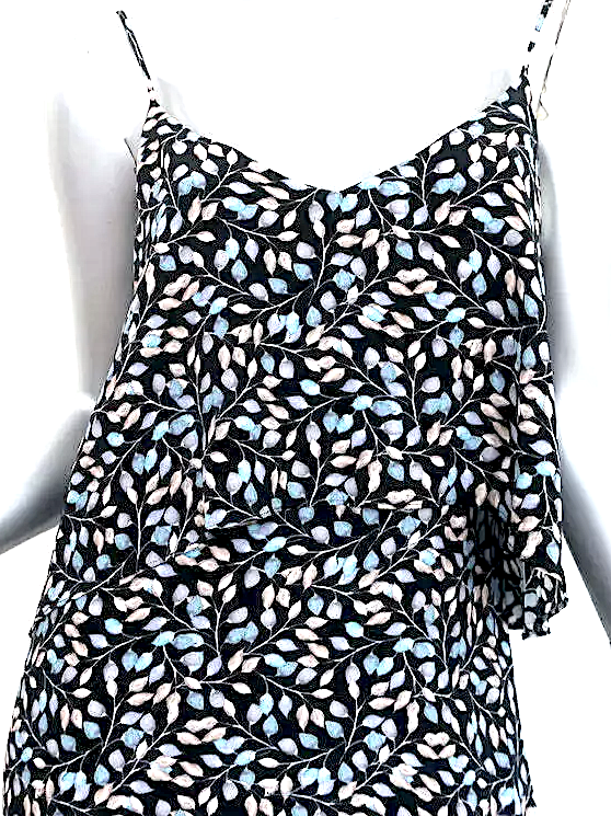 Intermix NY. Silk Layla Navy Leaf Print Ruffled High-Low Dress