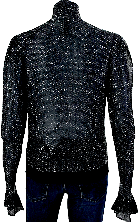 Chloe Paris. Navy Blue, Silver Back Zip Long Sleeve Metallic Knit Top