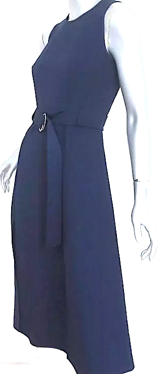 Whistles UK. Navy Crepe Sleeveless Belted Midi Dress