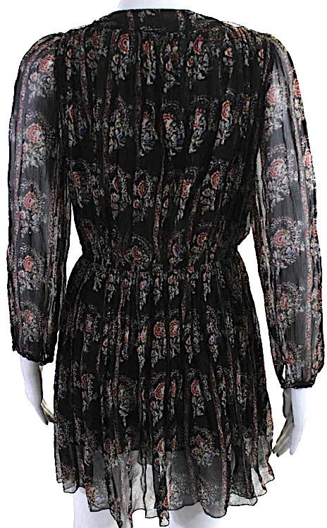 Isabel Marant Etoile Paris. Black Silk Floral Long Mesh Sleeved Dress