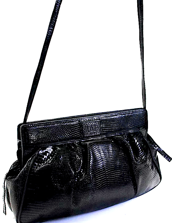 GUCCI ITALY Black Embossed Snakeskin Ruched Logo Snap Closure Shoulder Bag / Evening Bag / Tuck in Strap Clutch