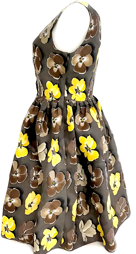 Prada Italy. Dark Brown Wool, Silk Floral Dress