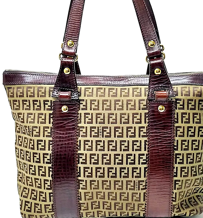 Fendi Italy. Brown Leather/Canvas Logo Shoulder Bag / Hand Bag