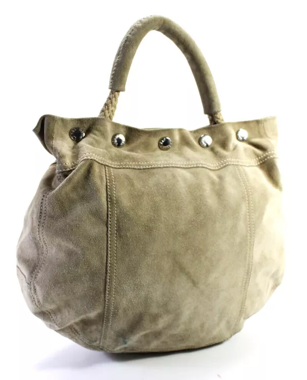 Prada Italy. Sand Beige Suede Button Trim Shoulder Handbag