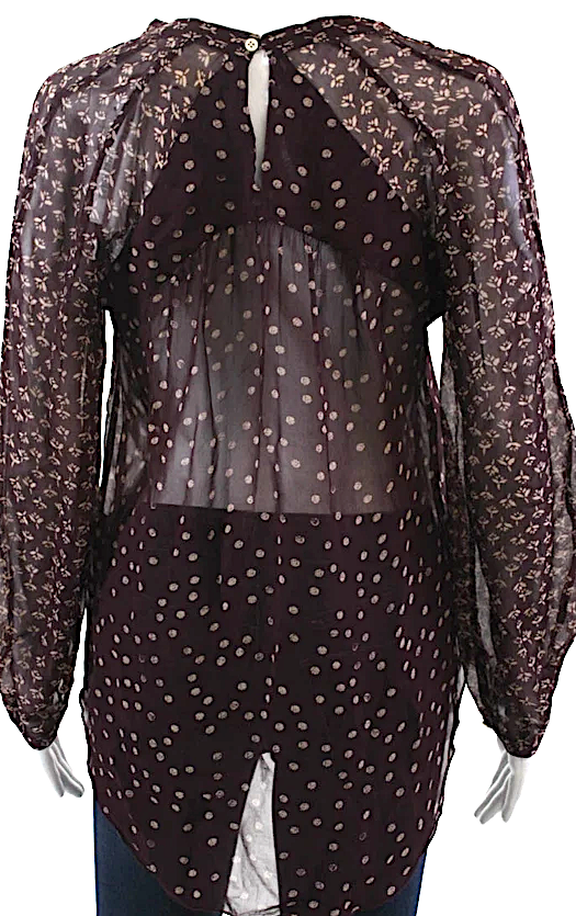 Isabel Marant Etoile Paris. Dark Burnt Umber Color Printed Crew Neck Semi-Sheer Blouse