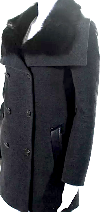 Mackage Montreal. Black/Gray Dyed Wool Shearling Fur Leather Trim Car Coat