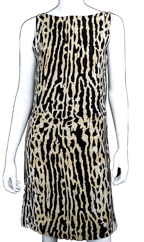 VALENTINO Italy. Black, Beige & White Abstract Jacquard Boatneck Shift Dress