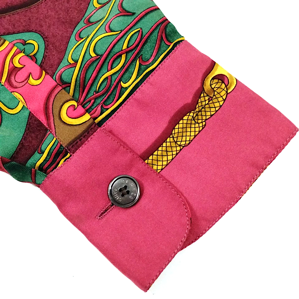 Hermes Paris. Vintage Silk Burgundy Scarf Print Button Top