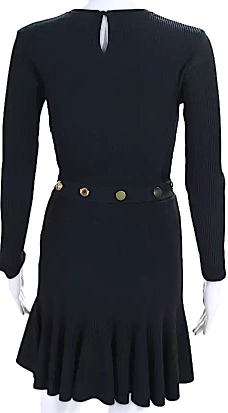 Alexander McQueen UK. Navy Ribbed Round Neck Button Long Sleeve Dress