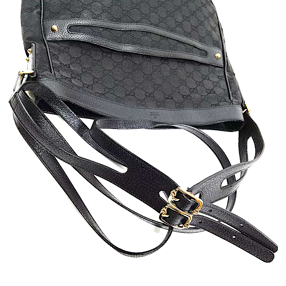 Gucci Italy. Black Leather/Canvas Logos Long Strap Shoulder Bag