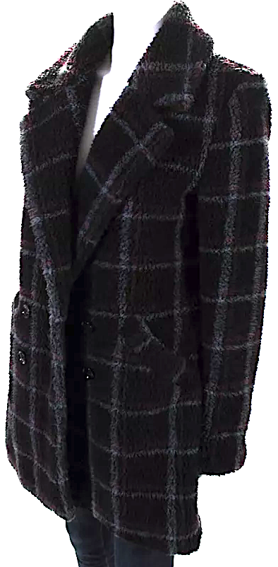 PAIGE NY. Black Woven Faux Fur Plaid Collared Double Breasted Trench Coat