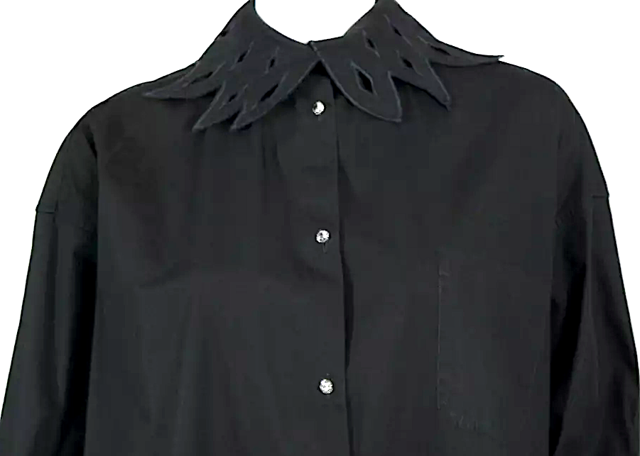 ROMEO GIGLI Italy. Vintage Black Cotton Cut-Out Collar Crystal Button-Front Oversized Blouse