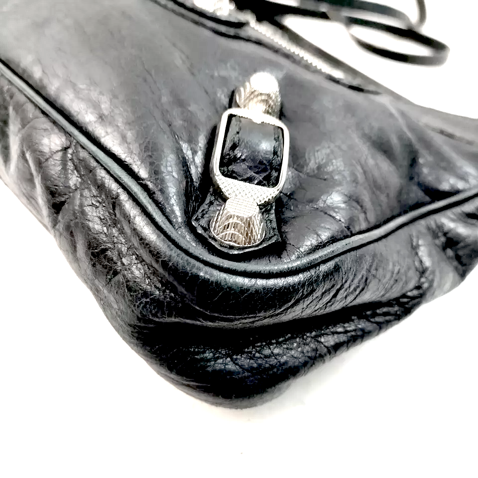 Balenciaga Paris. Black Distressed Leather Silver Hardware Mini Crossbody Bag