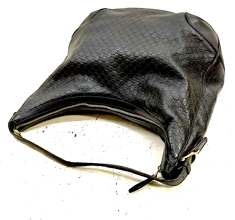 GUCCI ITALY. Vintage Black Logo GG Leather Hobo Shoulder Bag