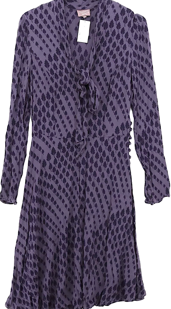 Ghost London UK. Plum 100% Viscose Long Sleeve Midi V-Neck A-Line Midi Dress