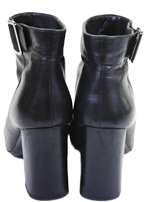 Prada Italy. Black Leather Textured Buckle Block Heel Booties Size EUR 41 (Approx. 38/38.5)