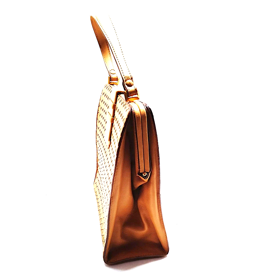 Bottega Veneta Italy. Vintage Beige Intrecciato Leather Hand Bag / Shoulder Bag