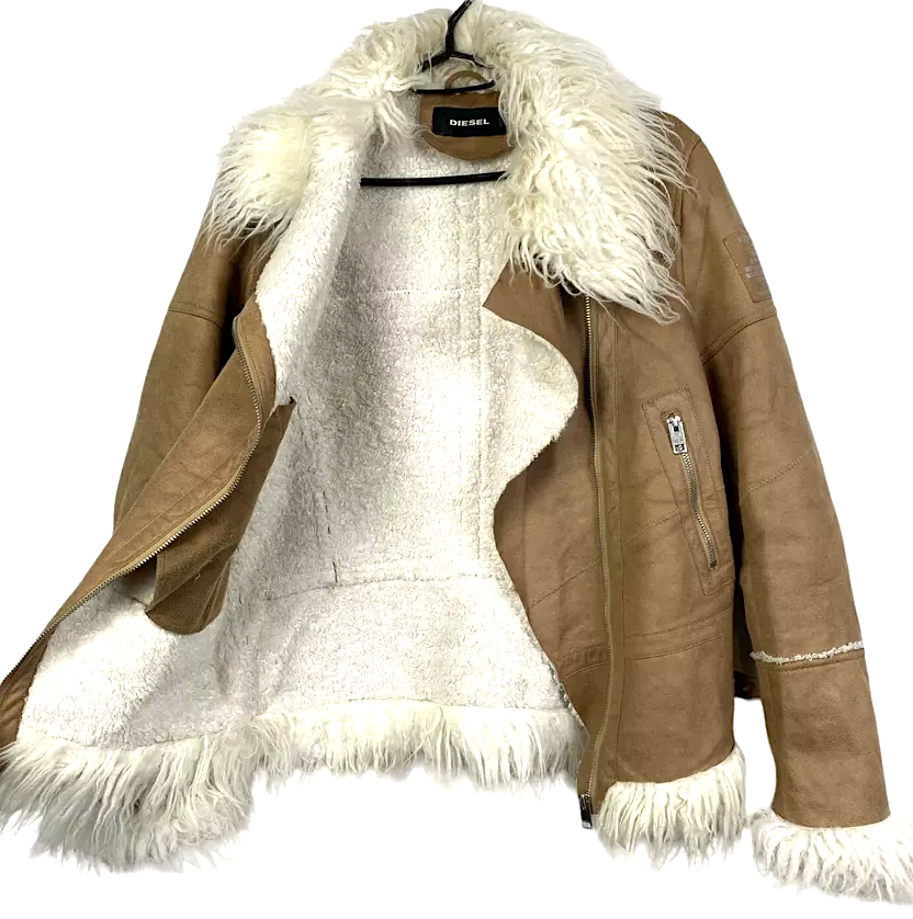 Diesel. Honey Brown Color Leather Faux Fur Boho Chic 70's Inspired Jacket