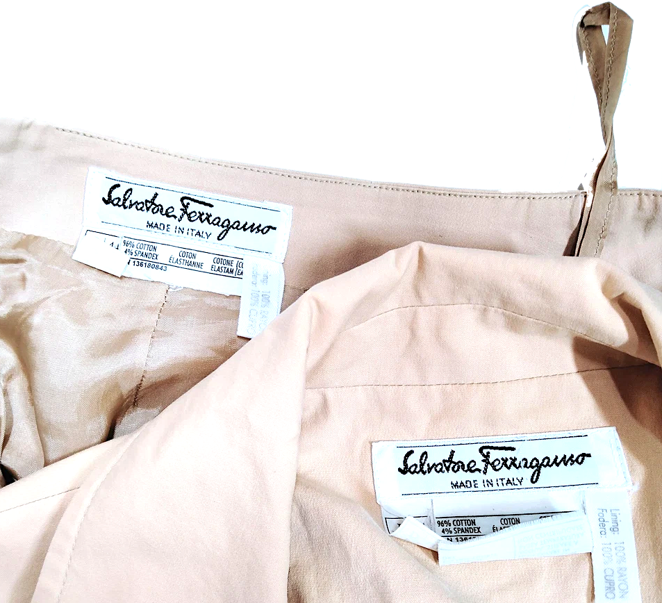 Ferragamo Italy. Cotton Polyurethane Jacket/Skirt Suit