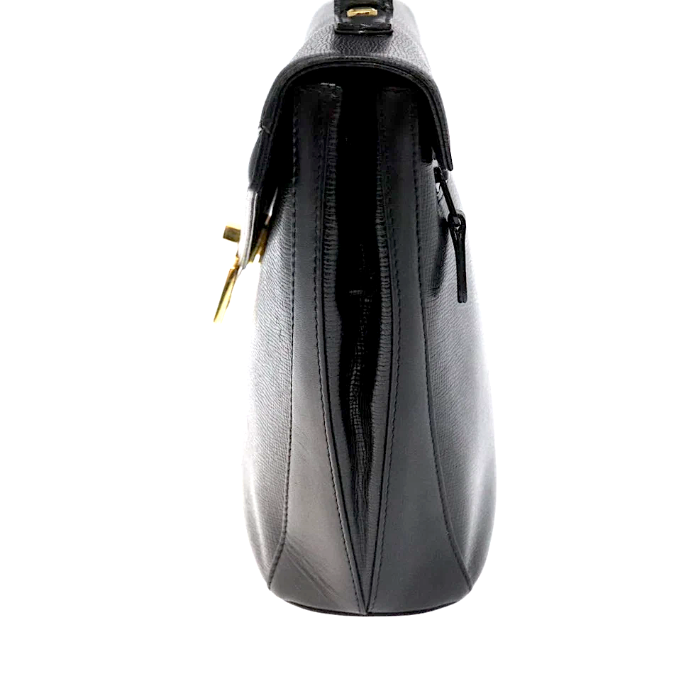 GIVENCHY PARIS. Black Leather Hand Bag / Shoulder Bag, Logo Goldplated.