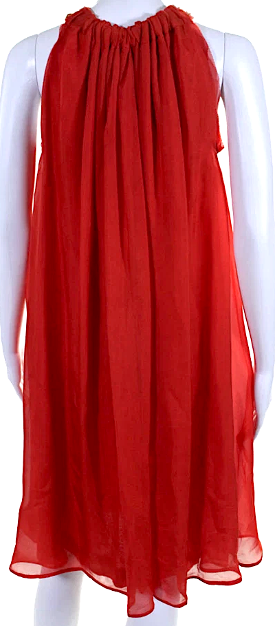 Lanvin Paris. Red Silk Geometric Embroidered Beaded Ruched A-Line Dress