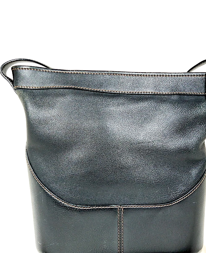 LOEWE MADRID. Black Leather Contrast Stitching Shoulder Bag