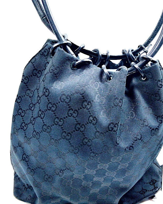 Gucci Italy. Black Canvas/Leather Logos Shoulderbag/ Handbag