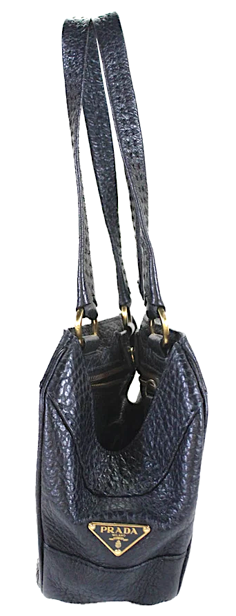 Prada Italy. Black Pebbled Leather Shoulder Bag