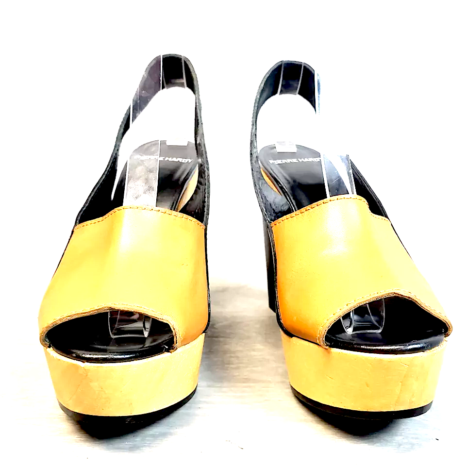 Pierre Hardy Paris. (Hermes Shoe Designer) Platform Wedge Peep Toe Slingback Wood Black Leather Heals Size 38