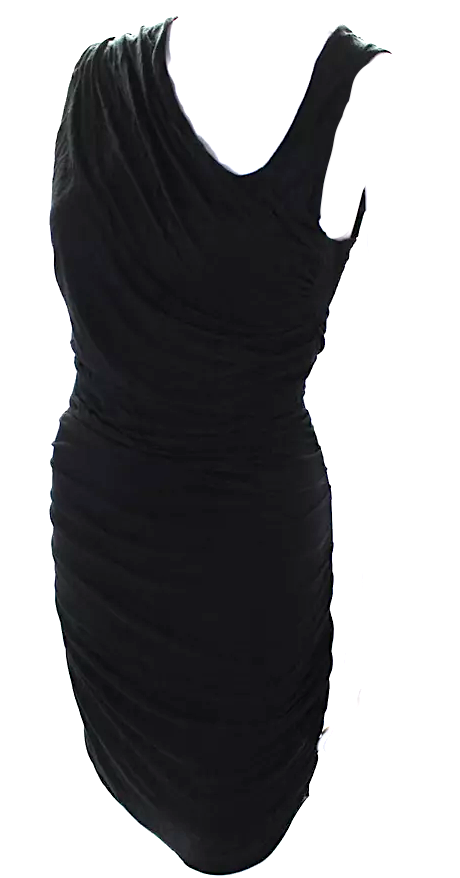 Helmut Lang NY. Black Jersey Asymmetrical Neck Ruched Bodycon Dress