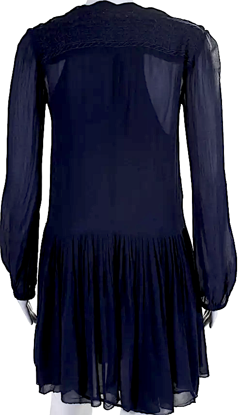 Isabel Marant Etoile Paris. Dark Navy Viscose Semi-Sheer Long Sleeve Pleated Embroidered Shift Dress