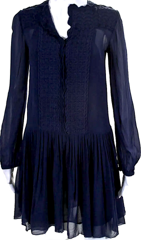 Isabel Marant Etoile Paris. Dark Navy Viscose Semi-Sheer Long Sleeve Pleated Embroidered Shift Dress Isabel Marant Etoile Paris. Dark Navy Viscose Semi-Sheer Long Sleeve Pleated Embroidered Shift Dress
