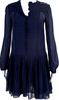 Isabel Marant Paris. Blue Viscose Long Sleeve Pleated Embroidered Shift Dress