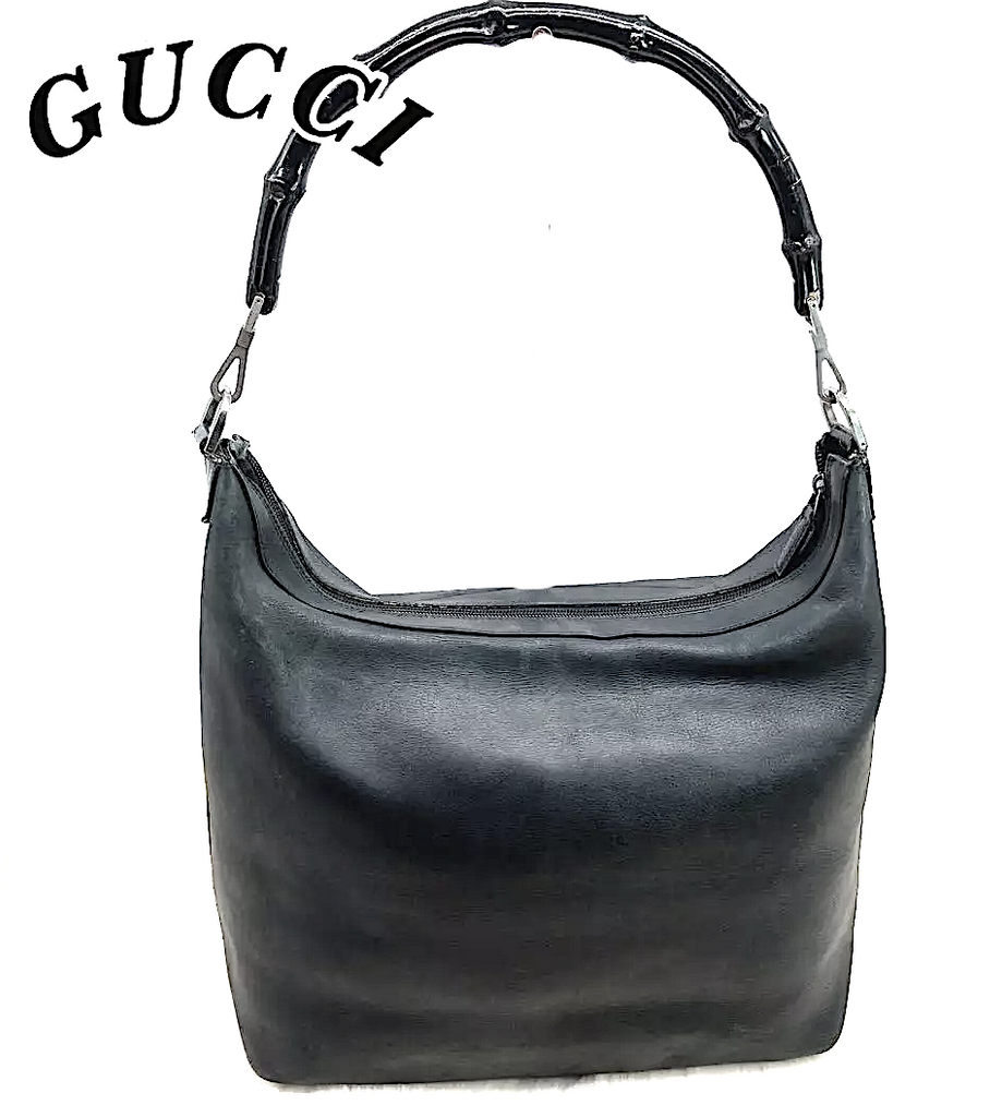 GUCCI Italy. Vintage Black Lambskin Leather Black Bamboo Handle Shoulder Bag