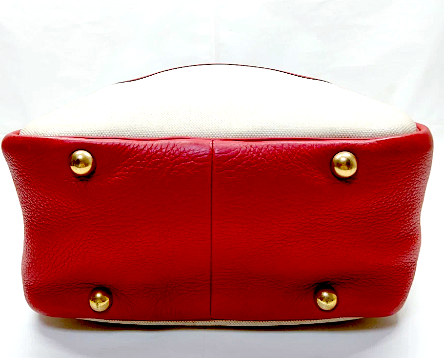 Hermes Paris. NWOT. Beige Canvas w/ Red Leather Trim & Sides Shoulder Bag