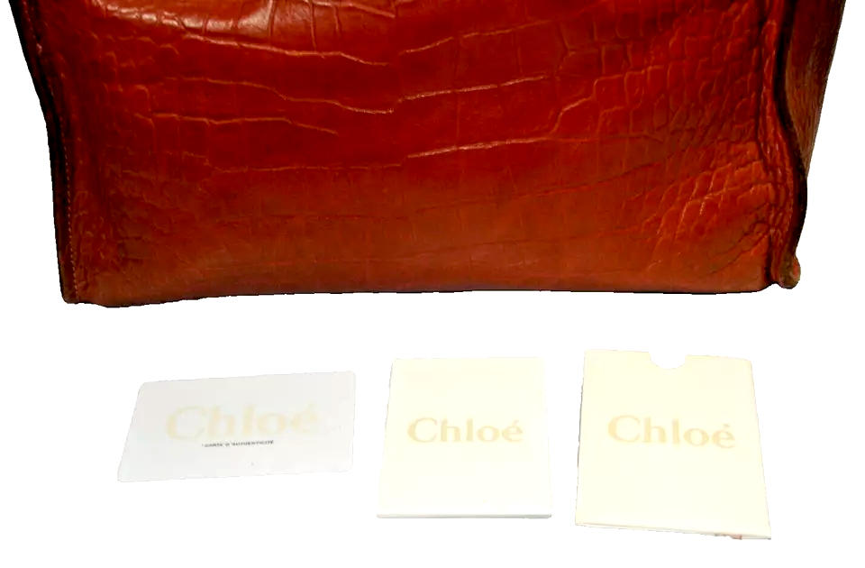 CHLOE PARIS. "Cyndi" Burnt Orange Soft Leather Croc Embossed Suede Interior Shoulderbag by Phoebe Philo