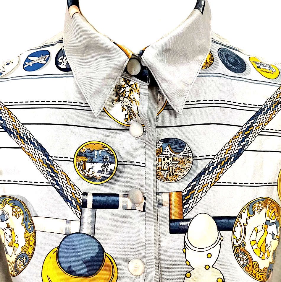 Hermes Paris. Light Blue Silk Scarf Motif Button Top
