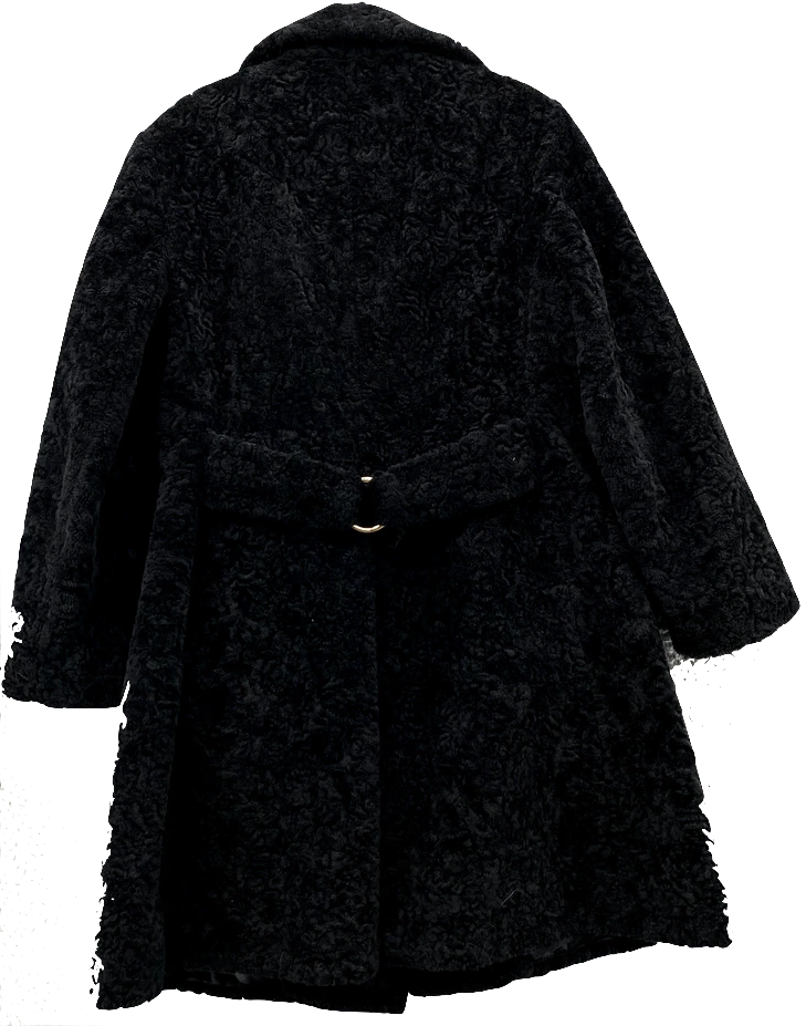 Vintage Faux Fur Coat Women's Medium Black Cinched Trench Academia Classic Chic