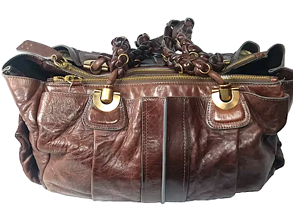 Chloe Paris. Vintage Weekender XL Brown Leather Satchel Bag / Travel Bag